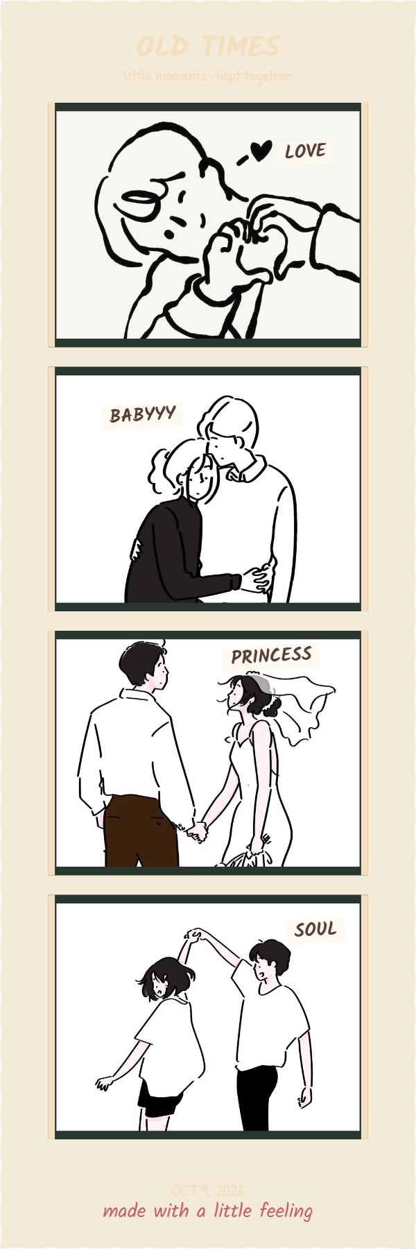 Old TIMES four-frame strip with hand-drawn illustrations of a couple and handwritten notes