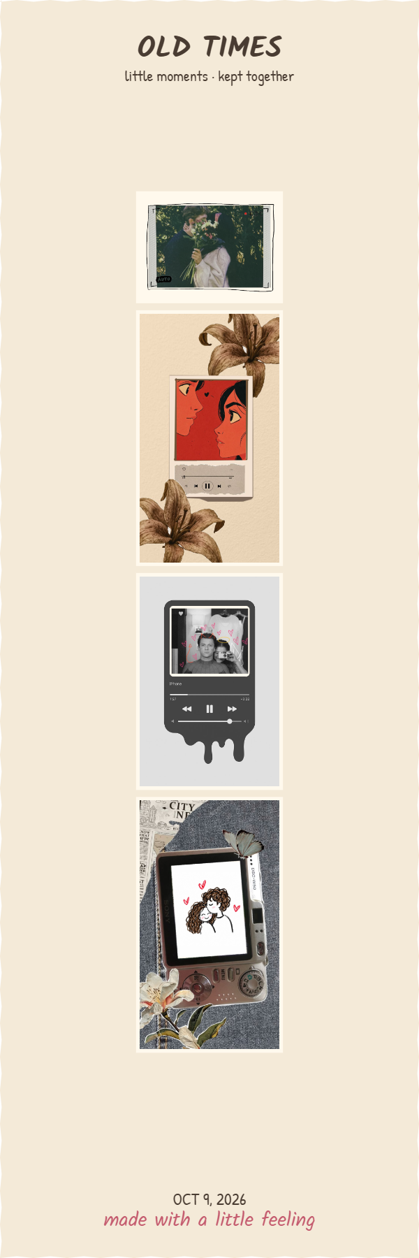 Old TIMES keepsake strip with four photos, paper background, and a handwritten footer
