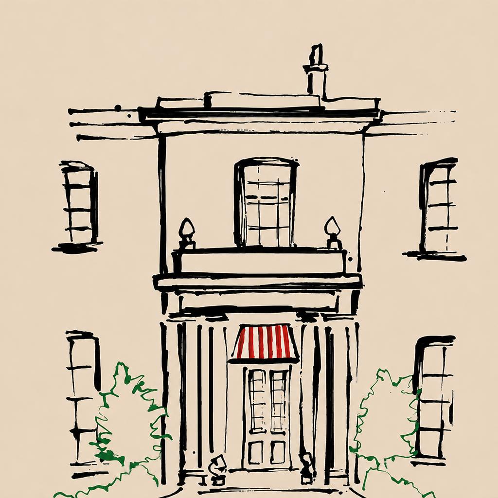 A hand-drawn old-world town house with a striped red awning